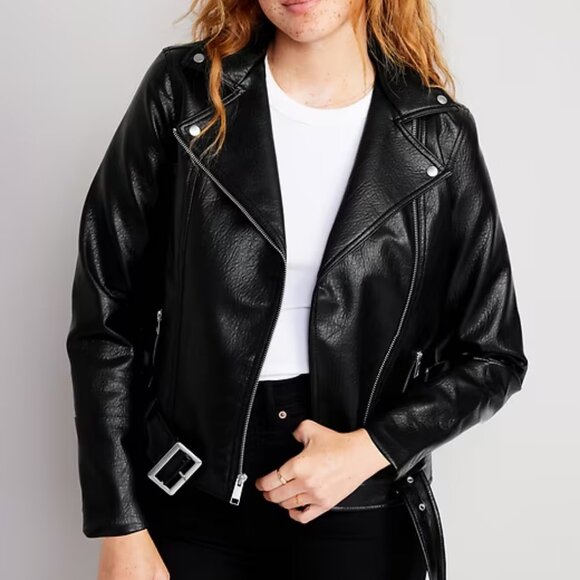 Old Navy Faux Leather Belted Motorcycle Jacket in Black Size M ~ NEW - Picture 1 of 6